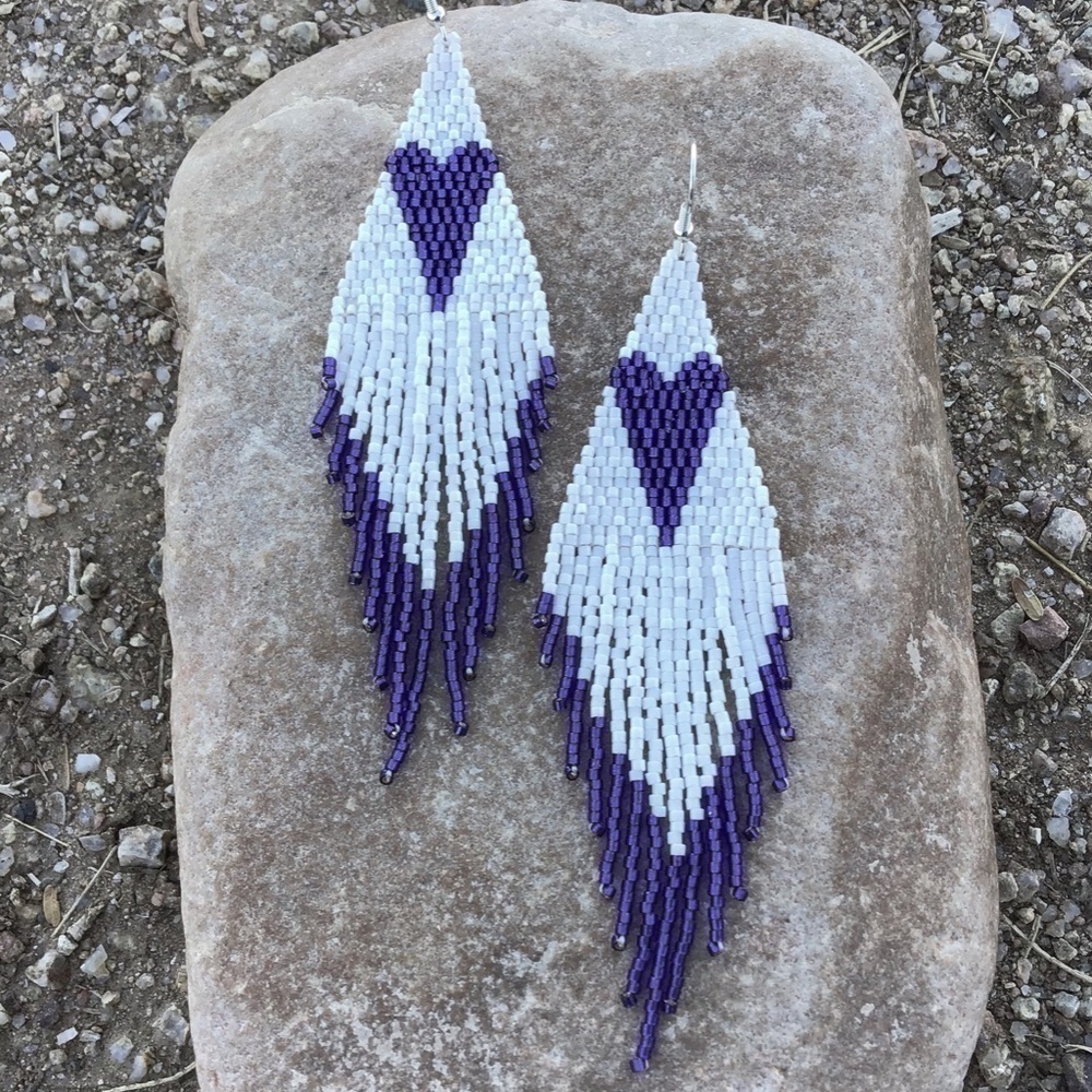 purple Heart Beaded Earrings - Picture 3 of 7